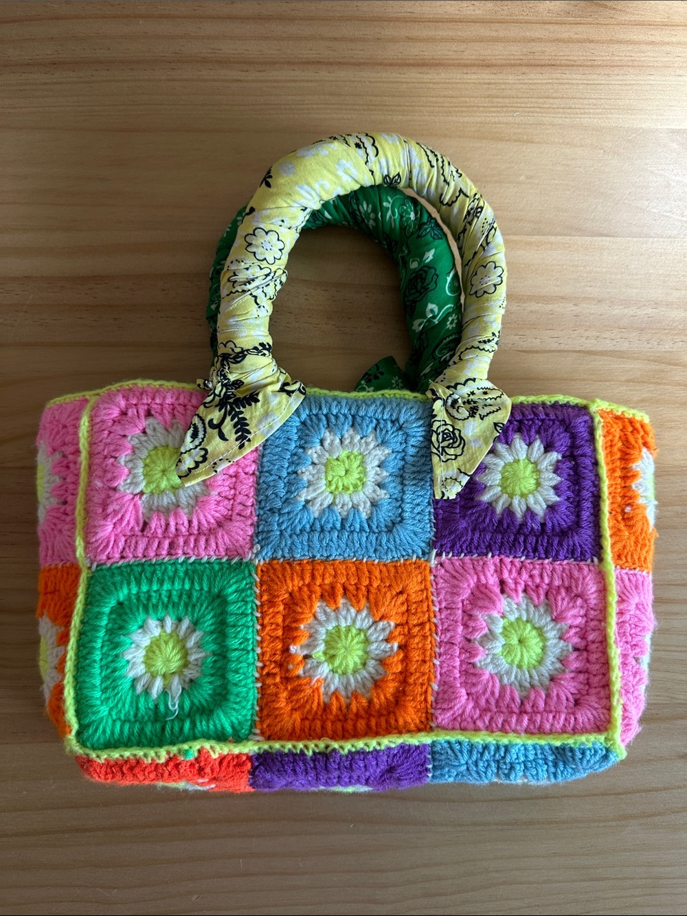 Colorful Crochet Granny Square Tote Bag with Bandana Scarf-Wrapped Handles